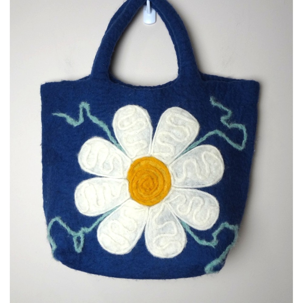 Handcrafted Felted Wool Tote Bag Daisy Flower Blue Boho Artisan Art